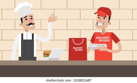 Preparing delivery food with chef and courier on kitchen.