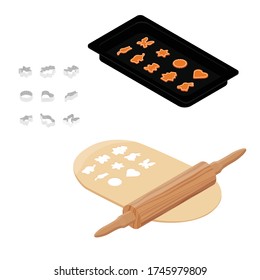 Preparing dough, baking cookies. Metal cookie cutters, rolling pin, baking tray and dough. Isometric view. Vector