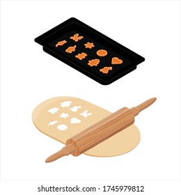 Preparing dough, baking cookies. Rolling pin, baking tray and dough. Isometric view. Vector