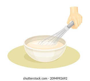 Preparing dough in bowl. Kneading pastry for cookies, cake, pizza or bread vector illustration