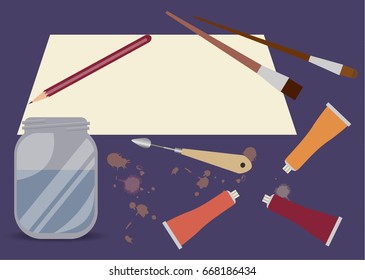 Preparing for drawing with brush and paints. Blank and art media. Flat style illustration.
