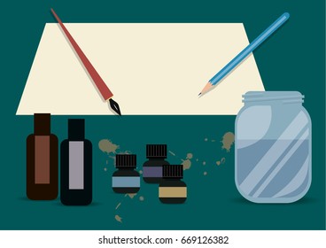 Preparing for drawing with pen and ink. Blank and art media. Flat style illustration.