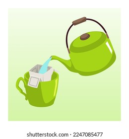 Preparing drip brewed coffee, flat vector illustration. Pour-over coffee making process. Hot water from kettle pouring over cup with ground coffee and paper filter.