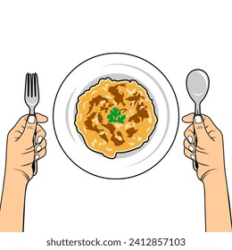 VORBEREITET, UM EINEN ORT OMELET, RECHTEN HAND ZU ESSEN, DER EINE KNIFE LINKEN HAND HAND HOLT EINE GRUPPE TOP-ANSICHT, TELUR DADAR TAMPAK ATAS
