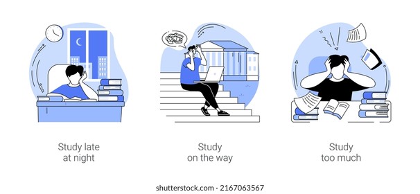 Preparing for exams isolated cartoon vector illustrations set. Study late at night, prepare for college classes on the way, nerd student study hard, pile of books, make homework vector cartoon.