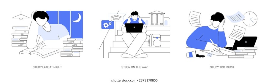 Preparing for exams isolated cartoon vector illustrations set. Study late at night, prepare for college classes on the way, nerd student study hard, pile of books, make homework vector cartoon.