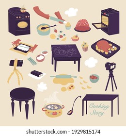 Preparing food. Cooker. Vector illustration. Poster, print, sticker, card design.Sushi, Asian food, rice, fish, stove, soup, confectionery, dough, camera, show,  table, Kitchen, chicken, sushi.