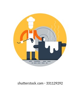 Preparing food, cooking courses, cook in hat with ladle and pot vector flat illustration