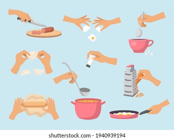 Preparing food. Cooking processes hands with kitchen utensils preparing products fish soup cakes salad recent vector cartoon illustrations set