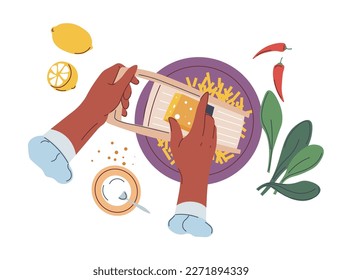 Preparing food and dishes at home, isolated woman hands grating cheese. Chili pepper and salad leaves, sauce and lemon ingredients for snack or tasty meal. Cooking for dinner. Vector in flat style