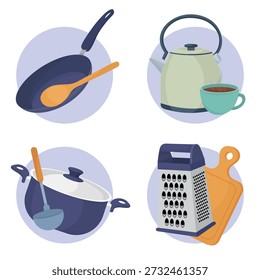 Preparação de elementos alimentares com panela de ato de fritar chaleira tábua de corte de madeira e ferramentas de cozinha de cozinha em uma configuração culinária limpa