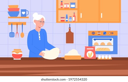 Preparing food at home. Granny in apron is baking holiday pie for her lovely grandchild. Flat cartoon vector illustration concept design. Kitchen interior with furniture on background.