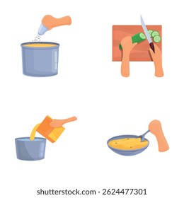 Preparing food icons set cartoon vector. Hand preparing food. Side view