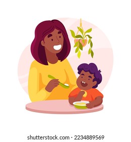 Preparing food isolated cartoon vector illustration. Woman cooking for child, preparing food, caregiver feeding toddler, in-home help with children, professional service vector cartoon.