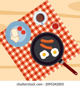 Preparing food in the kitchen top view in flat design vector illustration. Cooking breakfast concept. Frying eggs and sausages.