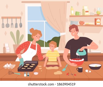 Preparing food on kitchen. Cartoon background with happy family characters making delicious products chef baking vector