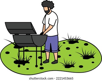 Preparing food at picnic point vector color icon design, Outdoor weekend Activity symbol, Tourist Holidays Scene Sign, Happy people at Vacation stock illustration, Man Cook Grill Meat On Bbq Concept