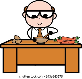 Preparing Food - Retro Cartoon Father Old Boss Vector Illustration