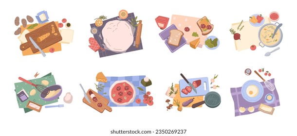 Preparación de comida, sopa, pizza y verduras dibujos animados planos ilustración de vectores. Cena de cocina, desayuno o almuerzo, aperitivos de comida rápida. Utensilios de cocina, huevos fritos, procesos de horneado