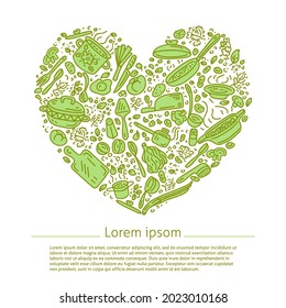 Preparing Food vector illustration shaped in heart. Cooking vector isolated illustration. Vegetables, pots, spoons, spices