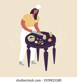 Preparing food. Woman cooks confectionary. Vector illustration. Poster, print, sticker, card design. Sweets, cake, fruits, culinary, dough, cupcake, delicious, recipe, handmade, meal, chef, natural. 