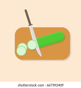 preparing food.slice cucumber on cutting board and knife.vector illustration