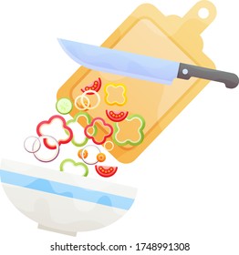 Preparing a fresh vegetable salad with a knife and chopping board and fresh chopped vegetables falling into a bowl