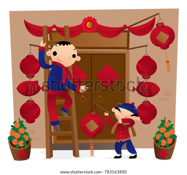 Preparing Front Door Decoration Chinese New People Stock Image