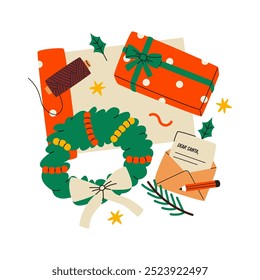 Preparando presentes para a ilustração do feriado. Preparação para comemoração de Natal e Ano Novo. Férias de inverno surpreende a colocação de embalagem plana. Caixa de presente, envelope e cartão postal isolado elemento de design.