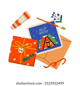 Preparing gifts for the holiday illustration. Xmas and New Year celebration preparation. Winter holiday surprises packaging flat lay. Gift box, envelope and postcard isolated design element.