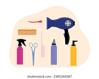 Preparing hair care tools and conditioner, hair oil, also vitamins for healthy scalp, desk top view vector illustration.