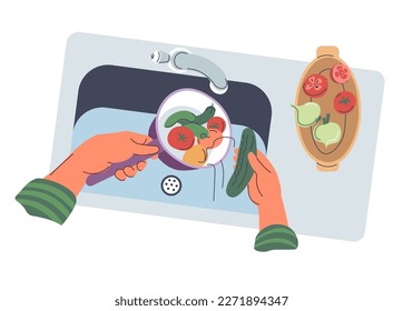 Preparing healthy meal and dishes at home, isolated hands washing vegetables. Cucumbers and tomatoes in pot. Cooking tasty ingredients, veggies or plant based menu for dinner. Vector in flat style