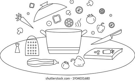 Preparing healthy vegetarian food. Vector illustration. Line art.