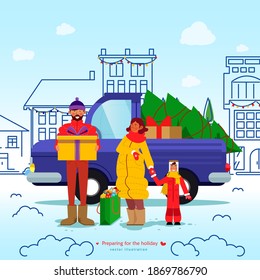 Preparing for the holiday. The family bought gifts and a Christmas tree. Father, mother and son in the winter on the street. People near the car. Pickup with a Christmas tree and gifts.