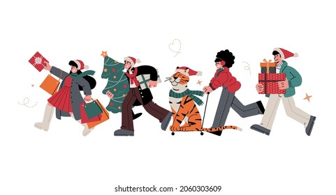 Preparing for holidays, New Year and Christmas.Men and women run with shopping bags,wrapped gifts,with Christmas tree home for the holiday.Symbol of new year tiger.Vector flat illustration.