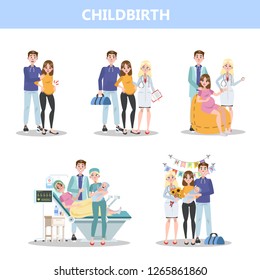 Preparing for hospital before baby birth. Woman giving birth and happy family holding newborn. Isolated flat vector illustration