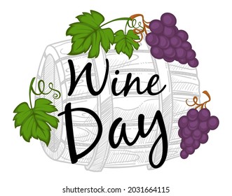 Preparing ingredients and fermenting wine, casket with beverage and fresh grapes. Winemaking and tasting, degustation and harvesting agriculture. Monochrome sketch outline, vector in flat style