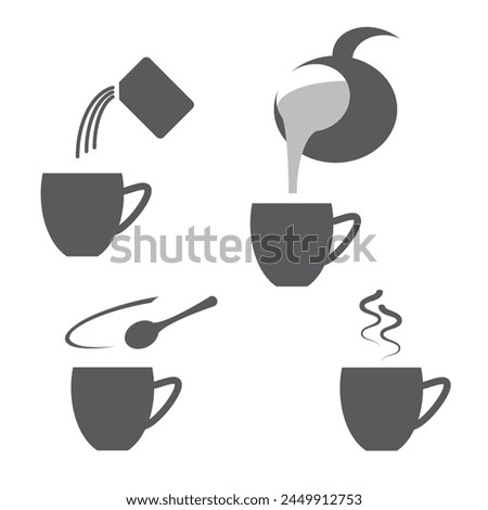 Preparing instant drink icon set, step by step instruction how to brewing instant coffee, make hot drink cooking direction, coffee cup icons, black isolated on white background, vector illustration.