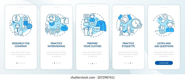 Preparing for job interview blue onboarding mobile app page screen. Practice walkthrough 5 steps graphic instructions with concepts. UI, UX, GUI vector template with linear color illustrations