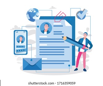 Preparing for job interview, man fill out CV, Human Resources, Recruitment, Online Interview Vector illustration for web banner, infographics, mobile. 