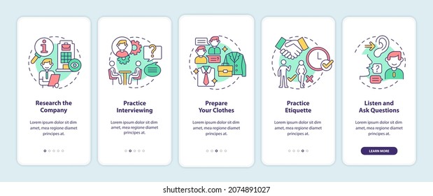 Preparing for job interview onboarding mobile app page screen. Practice walkthrough 5 steps graphic instructions with concepts. UI, UX, GUI vector template with linear color illustrations