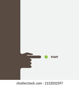 Preparing to launch a startup. A hand with an outstretched index finger wants to press a start button. The index finger points to a button "start".