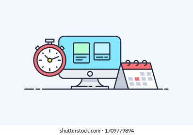Preparing meeting illustration includes stopwatch, calendar and monitor icons in flat line style. Design concept of vector illustration isolated on light background for website and mobile apps. 