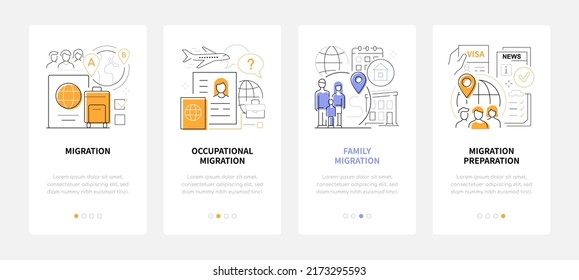 Preparing for migration - line design style banners set with place for text. Illustration with family relocation, business trip, travel and moving into a new place. Tourism and world exploration idea