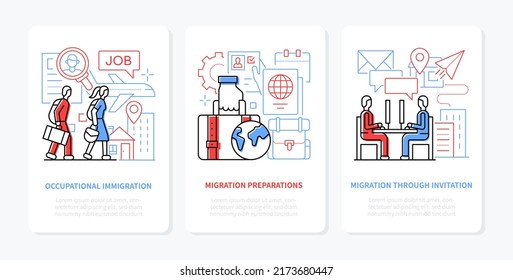 Preparing for migration - line design style banners set with place for text. Illustration with refugees, job loss, luggage and passport, invitation to move to another country. Travel and relocation