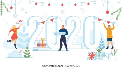 Preparing to New 2020 Year Happy Celebration, Planning Winter Holiday Party Trendy Flat Vector Concept. Man and Woman Buying Gifts, Decorating All Around with Garlands and Ball Toys Illustration