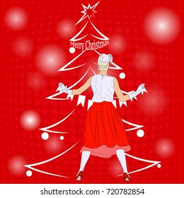Preparing for the New year holiday. Beautiful woman dresses up a fir. Pin-up style. Vector illustration