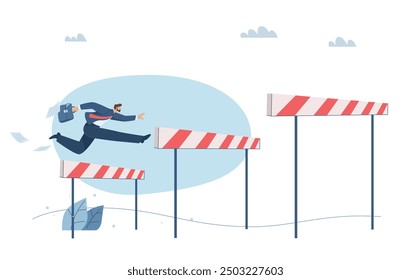 Preparing to overcome obstacles, Overcoming multi-level problems, Business challenges, Businessman jumping over hurdles higher obstacles, Vector design illustration.