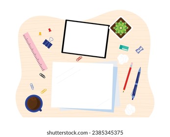 Preparing paper and stationery for drawing sketches, while drinking coffee, desk top view vector illustration.