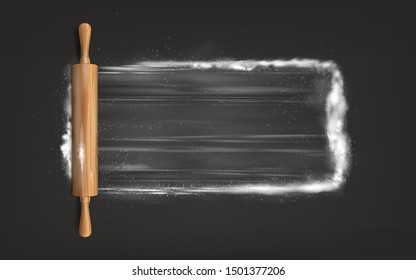 Preparing pastry, kneading, flattening dough for bake top view, isolated, 3d realistic vector with wooden rolling pin on surface powdered flour illustration. Bakery, pastry shop ad design element